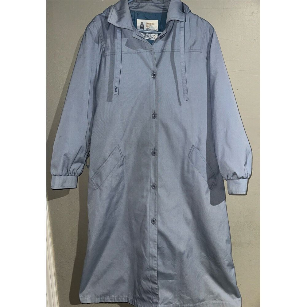 Vintage 1960s London Fog‎ Maincoats Women Light Blue Trench Coat W/Hood & Belt